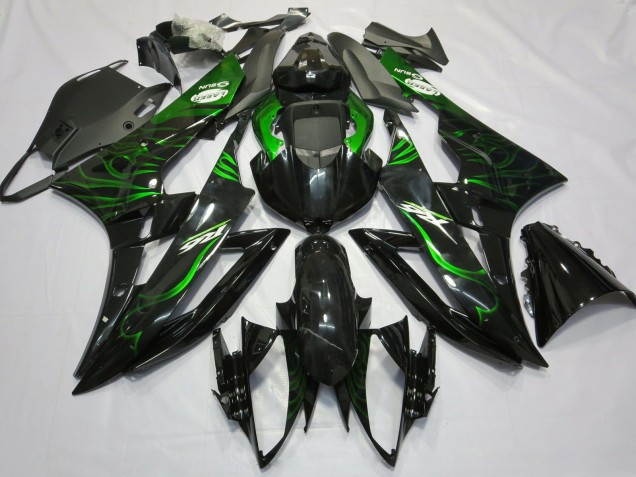 Carénages Moto Yamaha R6 2006-2007 - Noir Brillant Vert Flamme