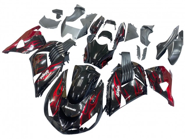 Kits Carénage Moto Kawasaki ZX14R ZZR1400 2006-2011 - Noir Brillant Rouge Flamme