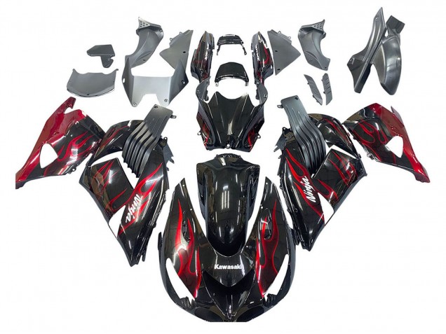 Kits Carénage Moto Kawasaki ZX14R ZZR1400 2006-2011 - Noir Brillant Rouge Flamme