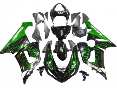 Carénage Moto Kawasaki ZX6R 2005-2006 - Noir Brillant Vert Flamme
