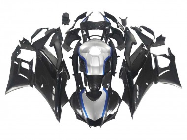 Carénages Moto Yamaha YZF R3/R25 2022-2024 - Noir Fibre de Carbone Style Argent Bleu