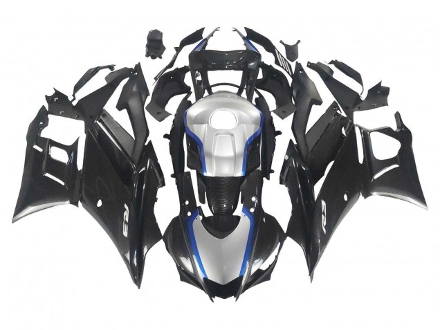 Carénages Moto Yamaha YZF R3/R25 2022-2024 - Noir Fibre de Carbone Style Argent Bleu