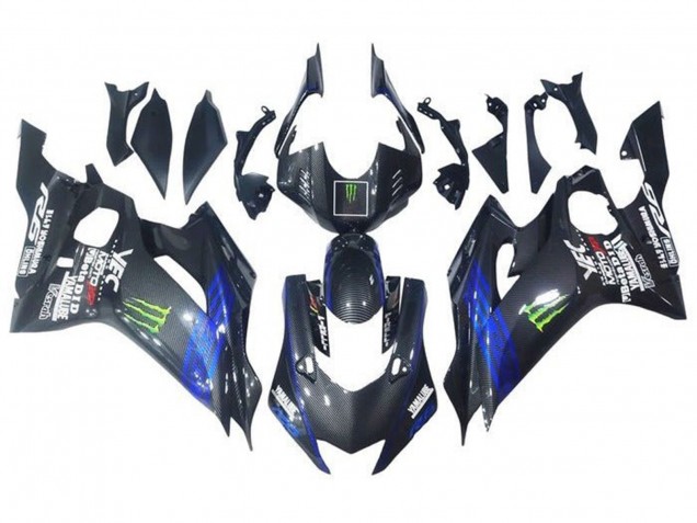 Carénages Moto Yamaha YZF R6 2017-2023 - Bleu Noir Fausse Fibre de Carbone Vert Monstre