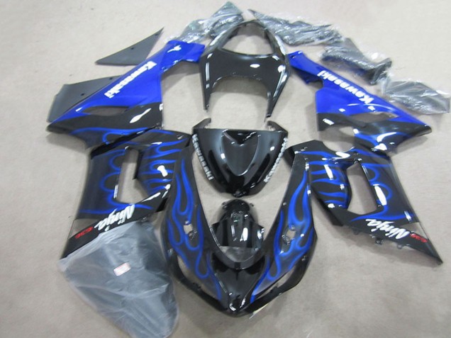 Carénages Moto Kawasaki ZX6R 2005-2006 - Noir Brillant Bleu Flamme